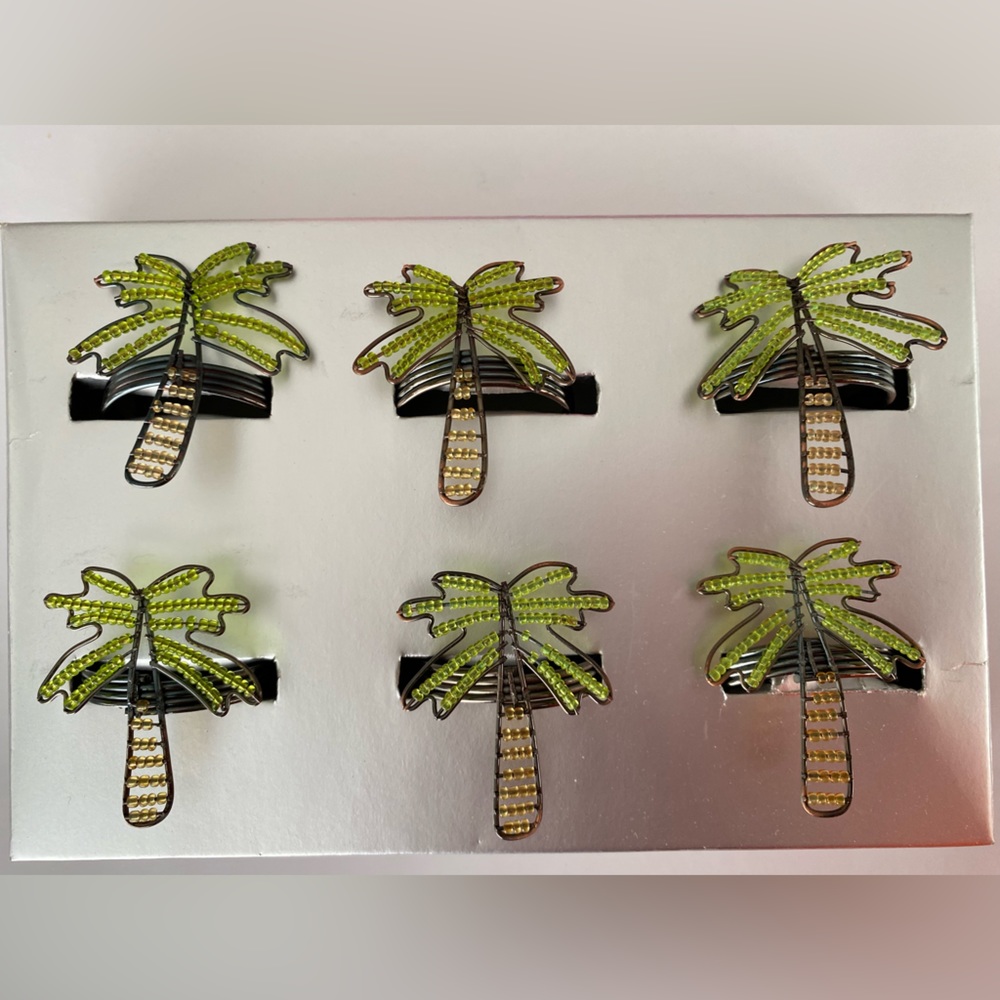 NEW Set Of 6 Wire Ring Napkin Holders With Beaded Palm Trees, Very Nice!
